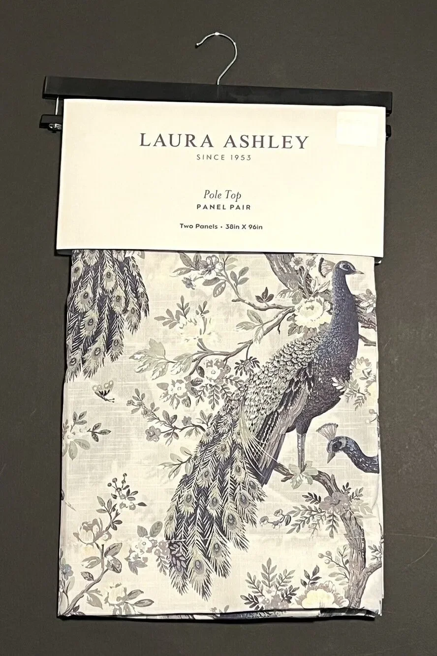 Laura Ashley Belvedere Peacock Curtains 2 Panels Navy Blue Green Ivory 38”x 96”